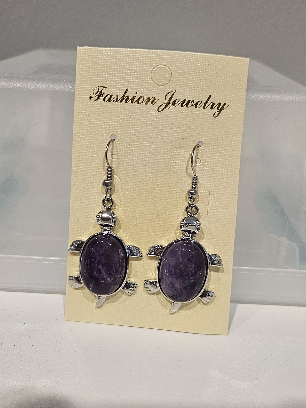 Fashion Jewelry Silver-Tone Turtle Earrings with Deep Purple Stones